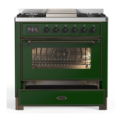 ILVE Majestic III 36" Emerald Green Dual Fuel Range with 6 Burners and Griddle Triple Glass Door Liquid Propane