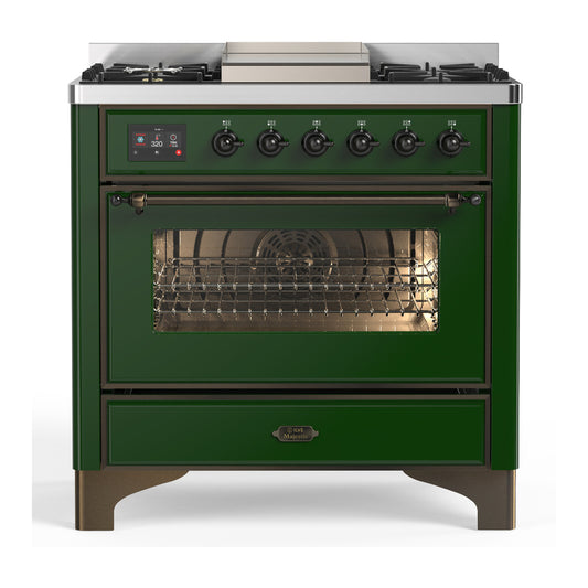 ILVE Majestic III 36" Emerald Green Dual Fuel Range with 6 Burners and Griddle Triple Glass Door Natural Gas