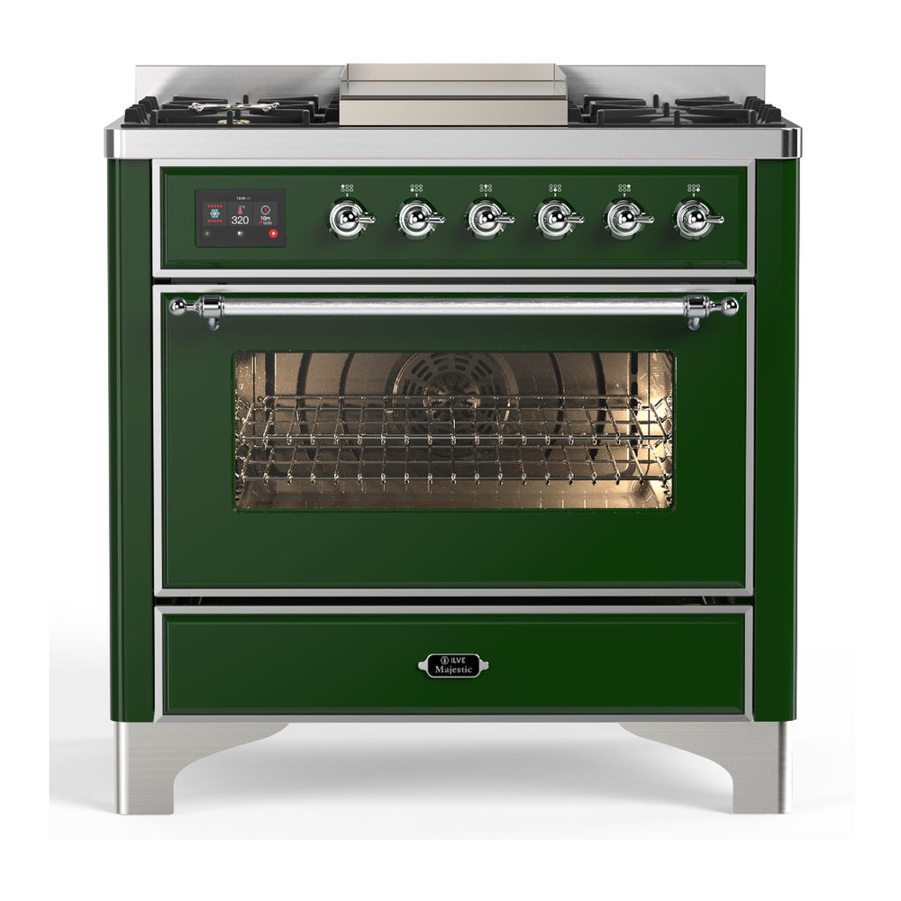 ILVE Majestic III 36" Emerald Green Dual Fuel Range with 6 Burners and Griddle Triple Glass Door Liquid Propane