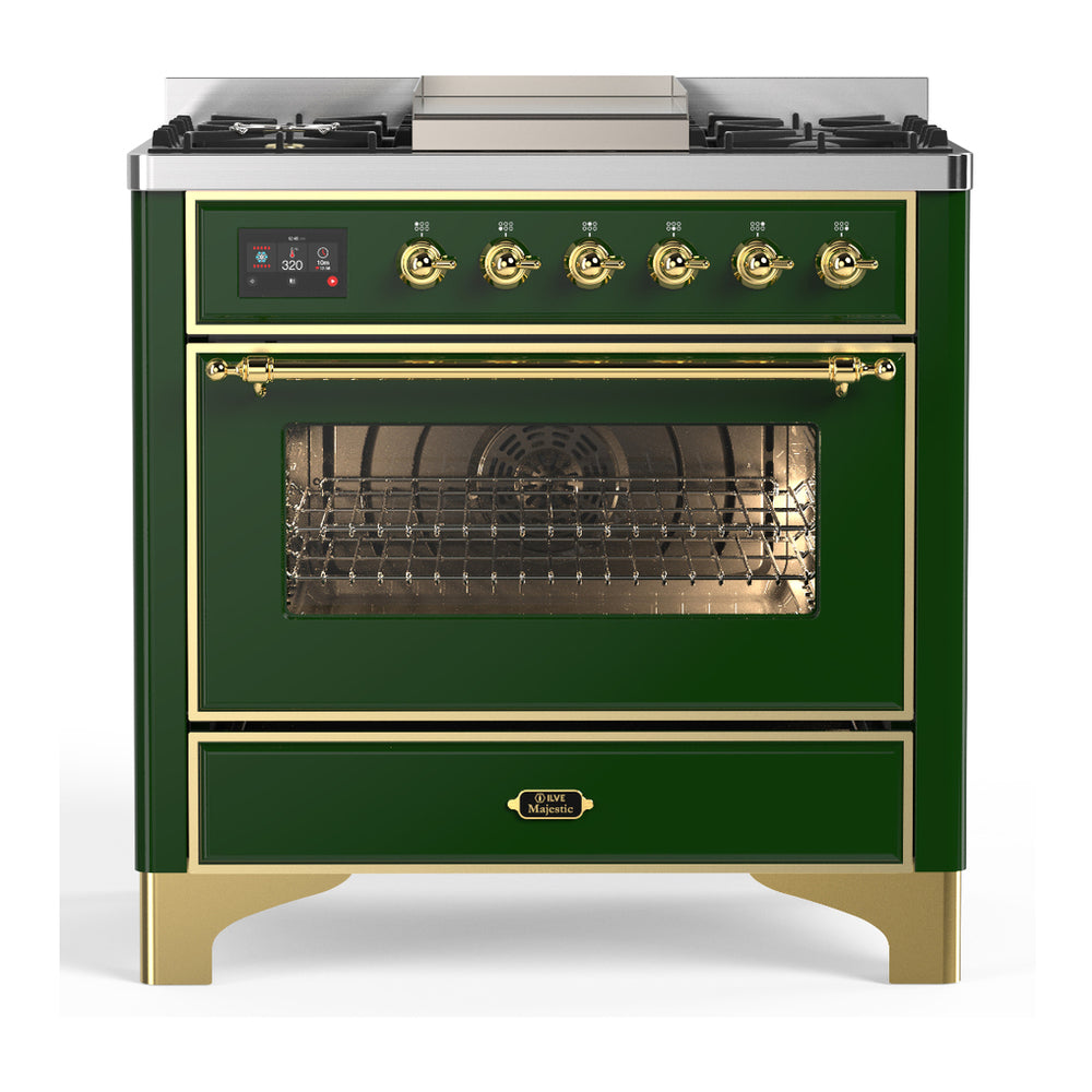 ILVE Majestic III 36" Emerald Green Dual Fuel Range with 6 Burners and Griddle Triple Glass Door Natural Gas