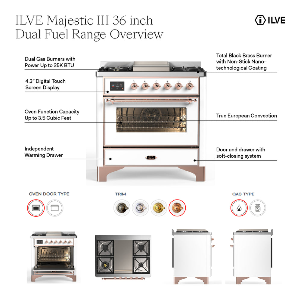 ILVE Majestic III 36" Midnight Blue Dual Fuel Range with 6 Burners and Griddle Triple Glass Door Liquid Propane