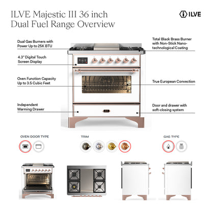 ILVE Majestic III 36" Midnight Blue Dual Fuel Range with 6 Burners and Griddle Triple Glass Door Liquid Propane