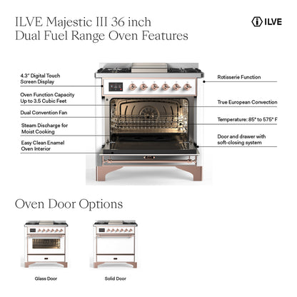 ILVE Majestic III 36" Midnight Blue Dual Fuel Range with 6 Burners and Griddle Triple Glass Door Liquid Propane