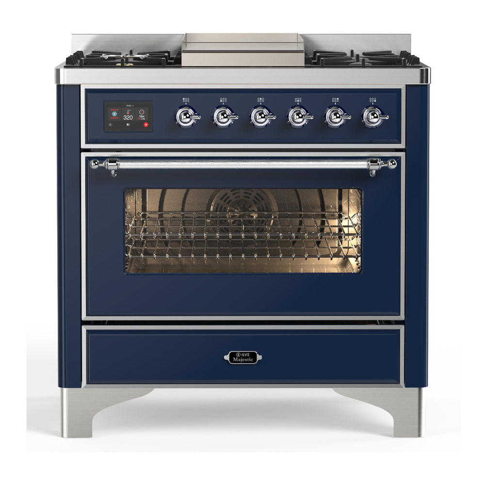 ILVE Majestic III 36" Midnight Blue Dual Fuel Range with 6 Burners and Griddle Triple Glass Door Liquid Propane