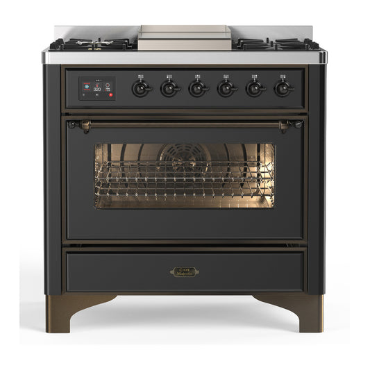 ILVE Majestic III 36" Graphite Matte Dual Fuel Range with 6 Burners and Griddle Triple Glass Door Liquid Propane