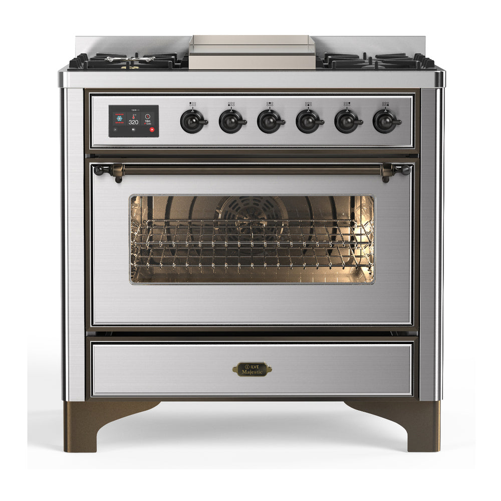 ILVE Majestic III 36" Stainless Steel Dual Fuel Range with 6 Burners and Griddle Triple Glass Door Liquid Propane