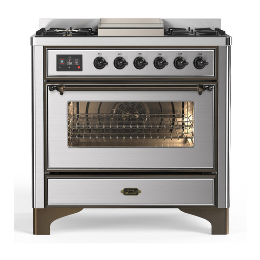 ILVE Majestic III 36" Stainless Steel Dual Fuel Range with 6 Burners and Griddle Triple Glass Door Liquid Propane