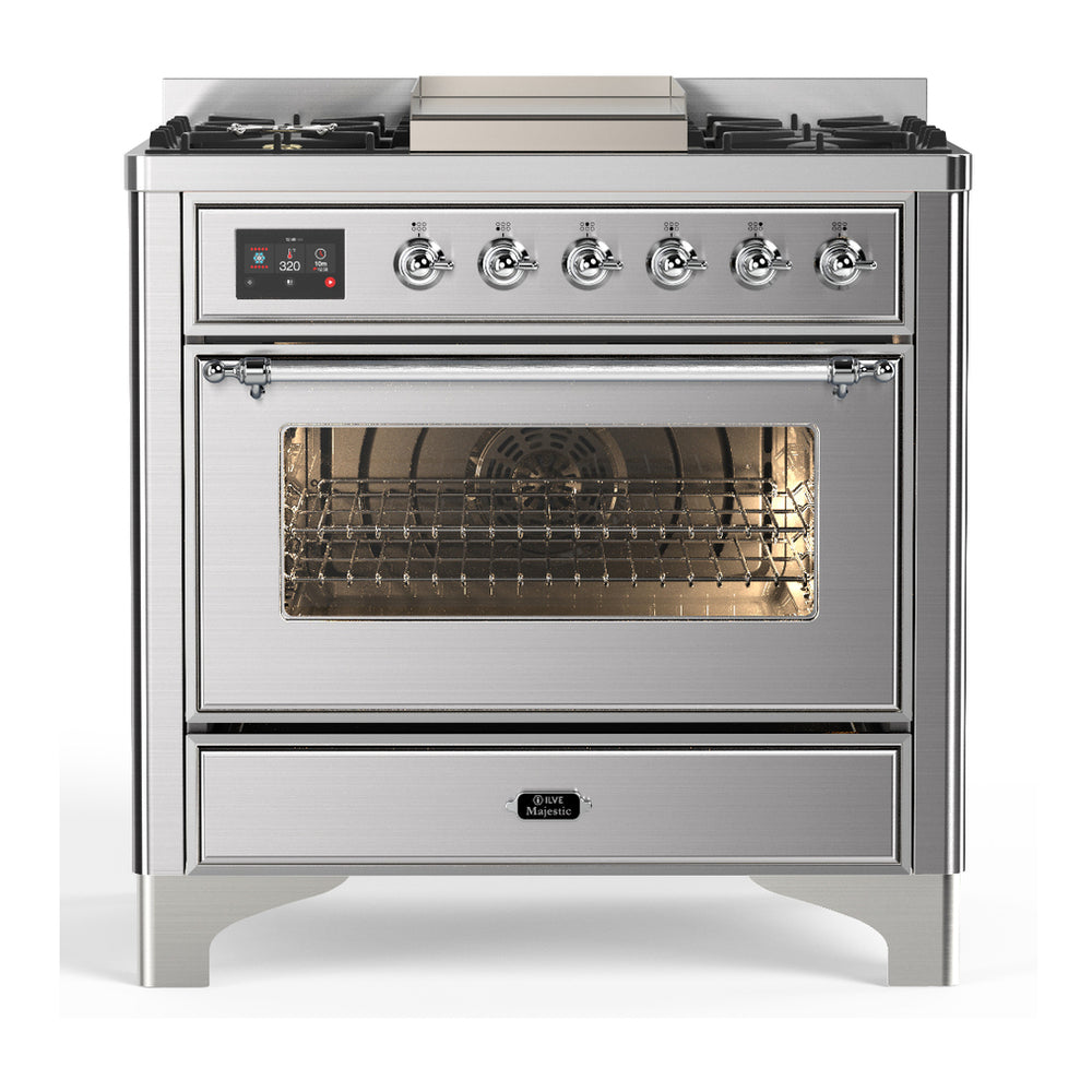 ILVE Majestic III 36" Stainless Steel Dual Fuel Range with 6 Burners and Griddle Triple Glass Door Liquid Propane