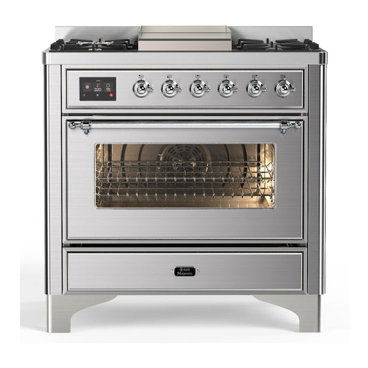 ILVE Majestic III 36" Stainless Steel Dual Fuel Range with 6 Burners and Griddle Triple Glass Door Liquid Propane