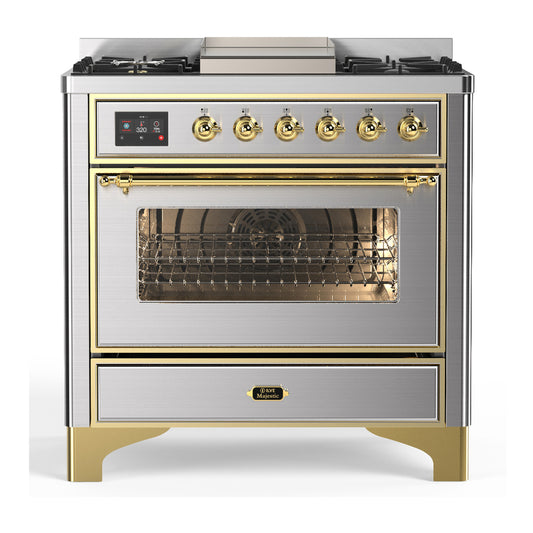 ILVE Majestic III 36" Stainless Steel Dual Fuel Range with 6 Burners and Griddle Triple Glass Door Natural Gas