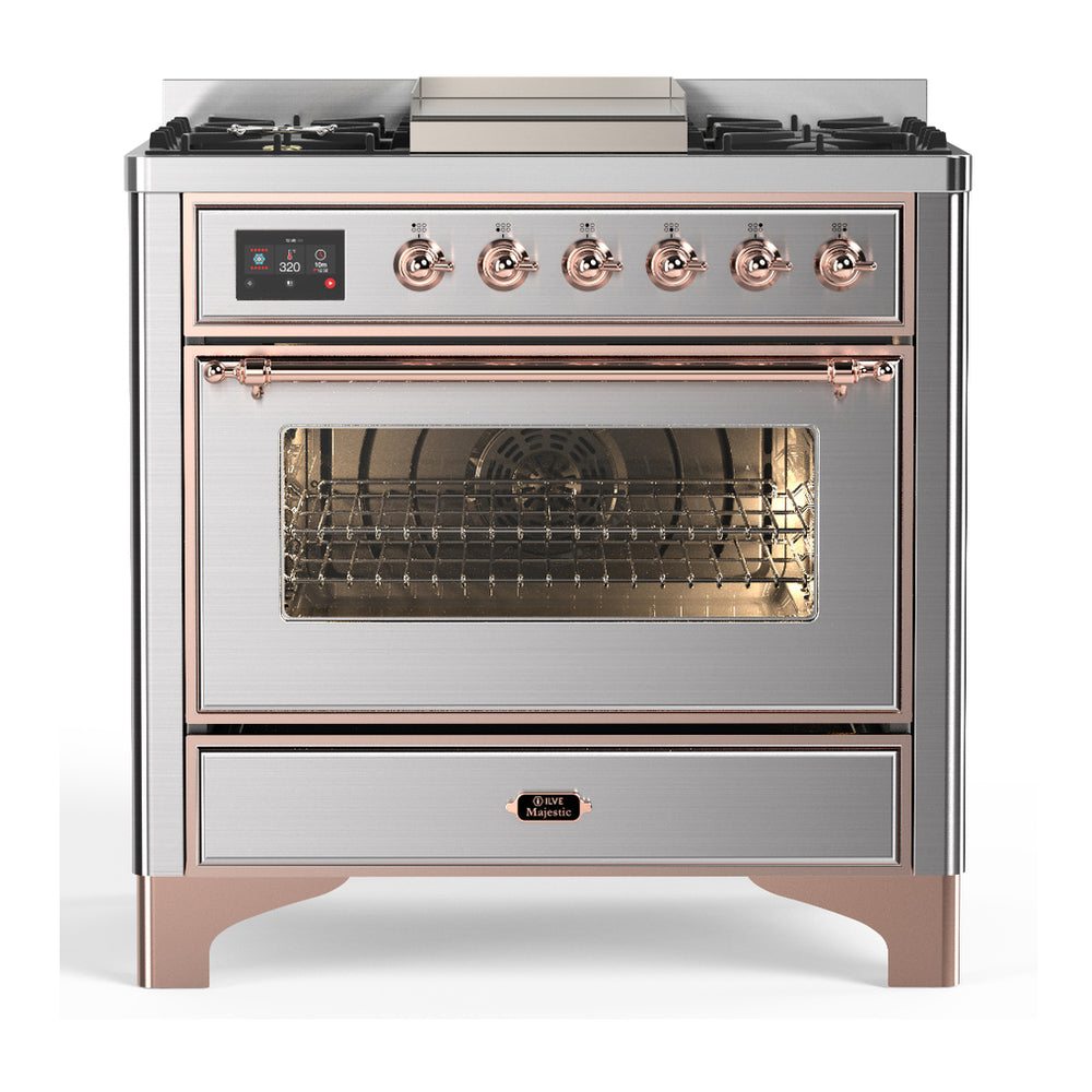 ILVE Majestic III 36" Stainless Steel Dual Fuel Range with 6 Burners and Griddle Triple Glass Door Natural Gas