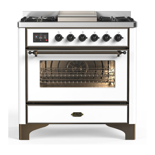 ILVE Majestic III 36" White Dual Fuel Range with 6 Burners and Griddle Triple Glass Door Natural Gas