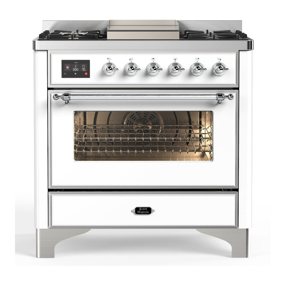 ILVE Majestic III 36" White Dual Fuel Range with 6 Burners and Griddle Triple Glass Door Liquid Propane