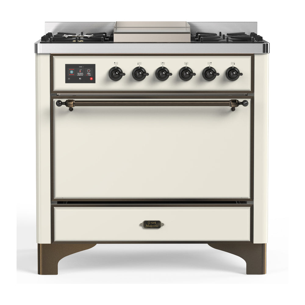 ILVE Majestic III 36" Antique White Dual Fuel Range with 6 Burners and Griddle Solid Door Natural Gas