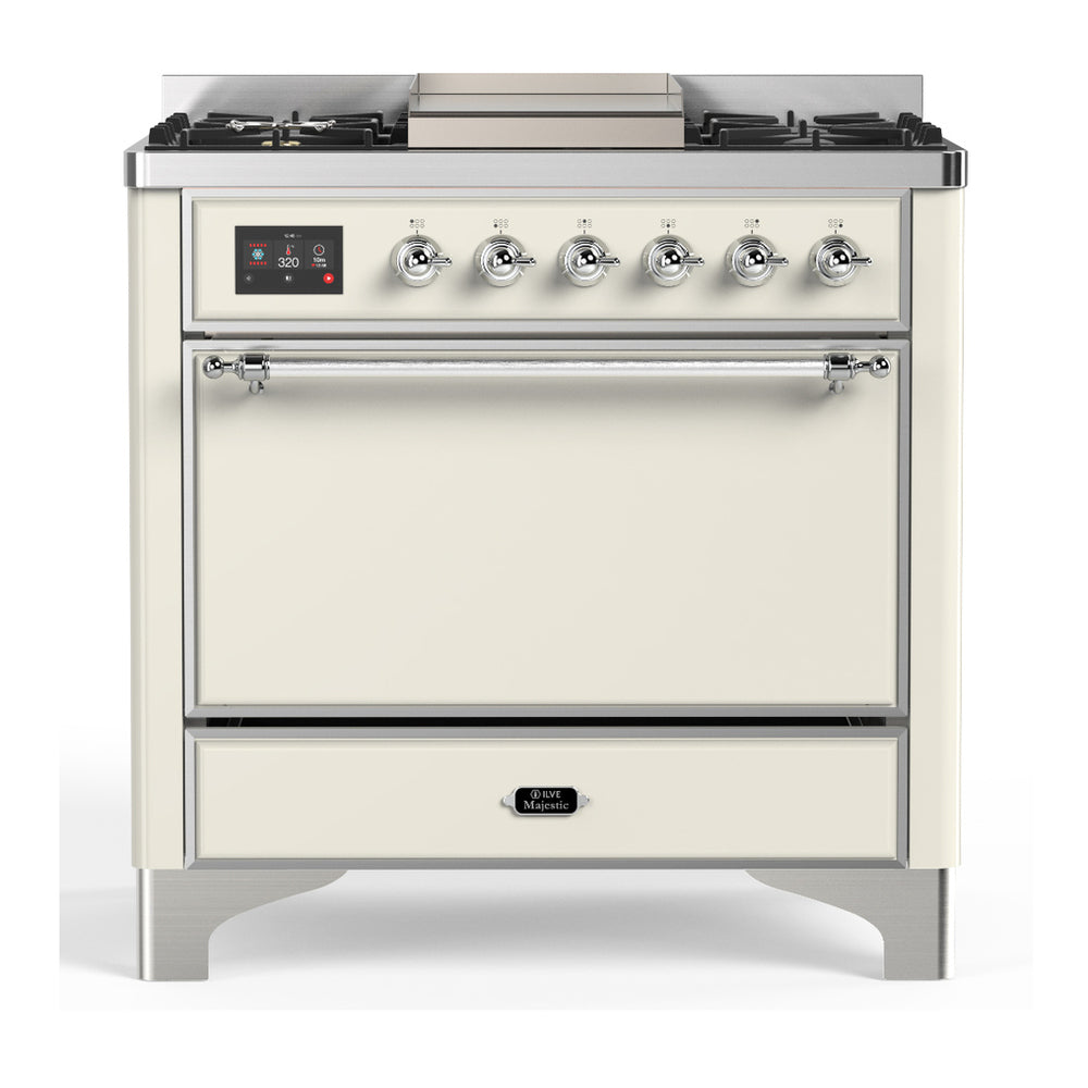 ILVE Majestic III 36" Antique White Dual Fuel Range with 6 Burners and Griddle Solid Door Natural Gas