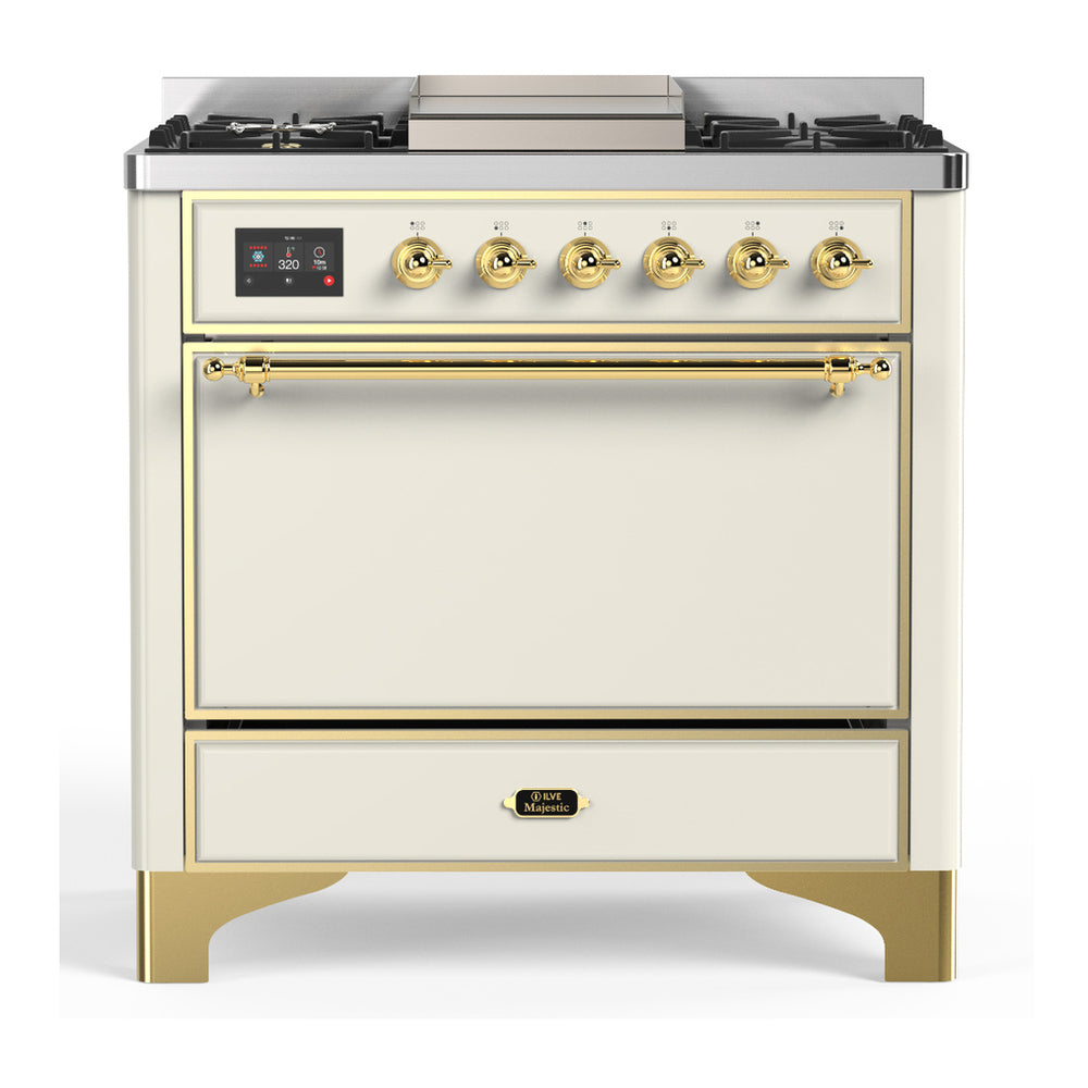ILVE Majestic III 36" Antique White Dual Fuel Range with 6 Burners and Griddle Solid Door Natural Gas