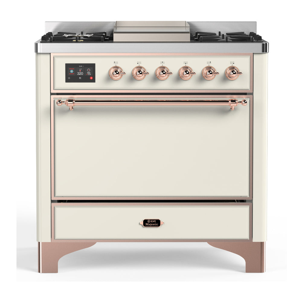 ILVE Majestic III 36" Antique White Dual Fuel Range with 6 Burners and Griddle Solid Door Natural Gas