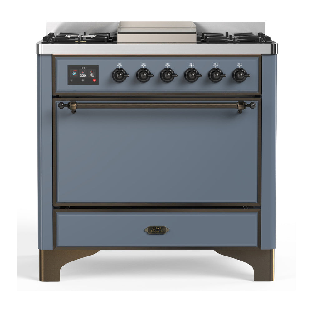 ILVE Majestic III 36" Blue Grey Dual Fuel Range with 6 Burners and Griddle Solid Door Liquid Propane