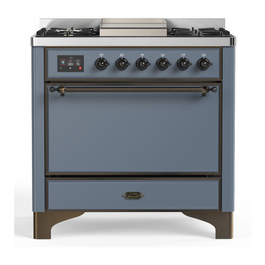 ILVE Majestic III 36" Blue Grey Dual Fuel Range with 6 Burners and Griddle Solid Door Liquid Propane