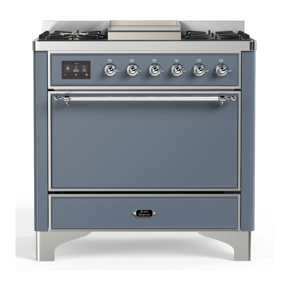 ILVE Majestic III 36" Blue Grey Dual Fuel Range with 6 Burners and Griddle Solid Door Natural Gas
