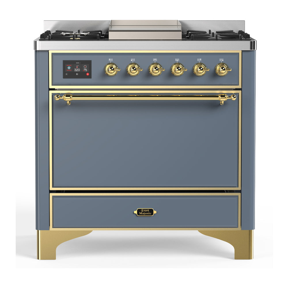 ILVE Majestic III 36" Blue Grey Dual Fuel Range with 6 Burners and Griddle Solid Door Natural Gas