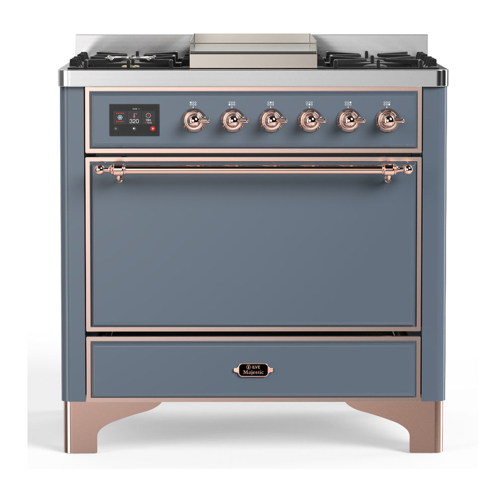ILVE Majestic III 36" Blue Grey Dual Fuel Range with 6 Burners and Griddle Solid Door Liquid Propane