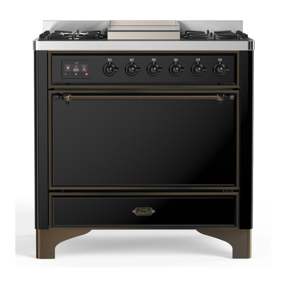 ILVE Majestic III 36" Glossy Black Dual Fuel Range with 6 Burners and Griddle Solid Door Liquid Propane