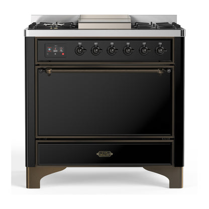 ILVE Majestic III 36" Glossy Black Dual Fuel Range with 6 Burners and Griddle Solid Door Liquid Propane