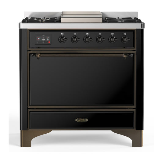 ILVE Majestic III 36" Glossy Black Dual Fuel Range with 6 Burners and Griddle Solid Door Natural Gas