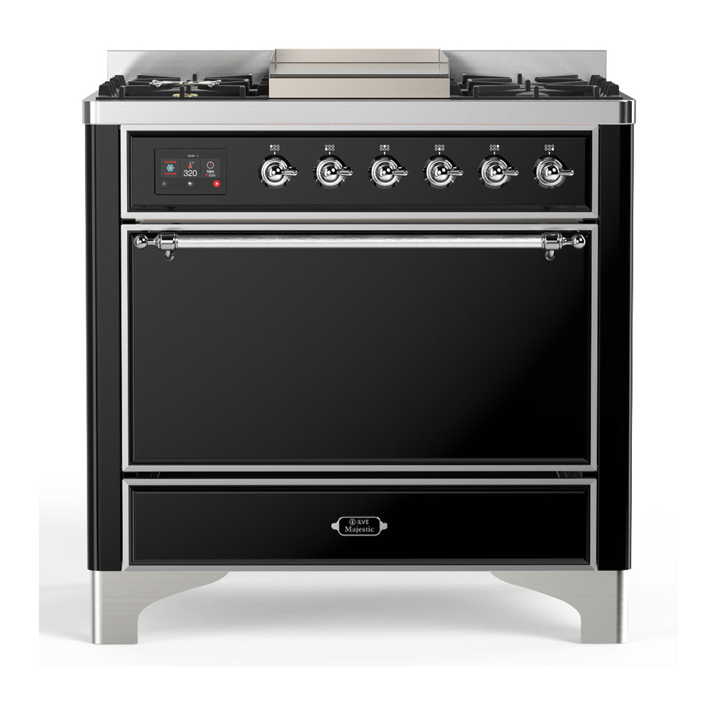 ILVE Majestic III 36" Glossy Black Dual Fuel Range with 6 Burners and Griddle Solid Door Natural Gas