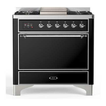 ILVE Majestic III 36" Glossy Black Dual Fuel Range with 6 Burners and Griddle Solid Door Natural Gas