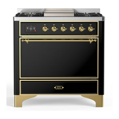 ILVE Majestic III 36" Glossy Black Dual Fuel Range with 6 Burners and Griddle Solid Door Natural Gas