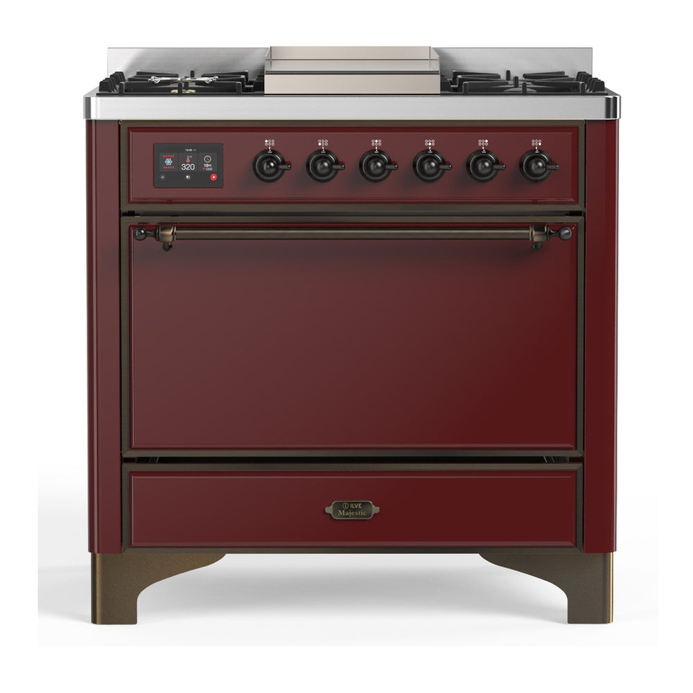 ILVE Majestic III 36" Burgundy Dual Fuel Range with 6 Burners and Griddle Solid Door Natural Gas