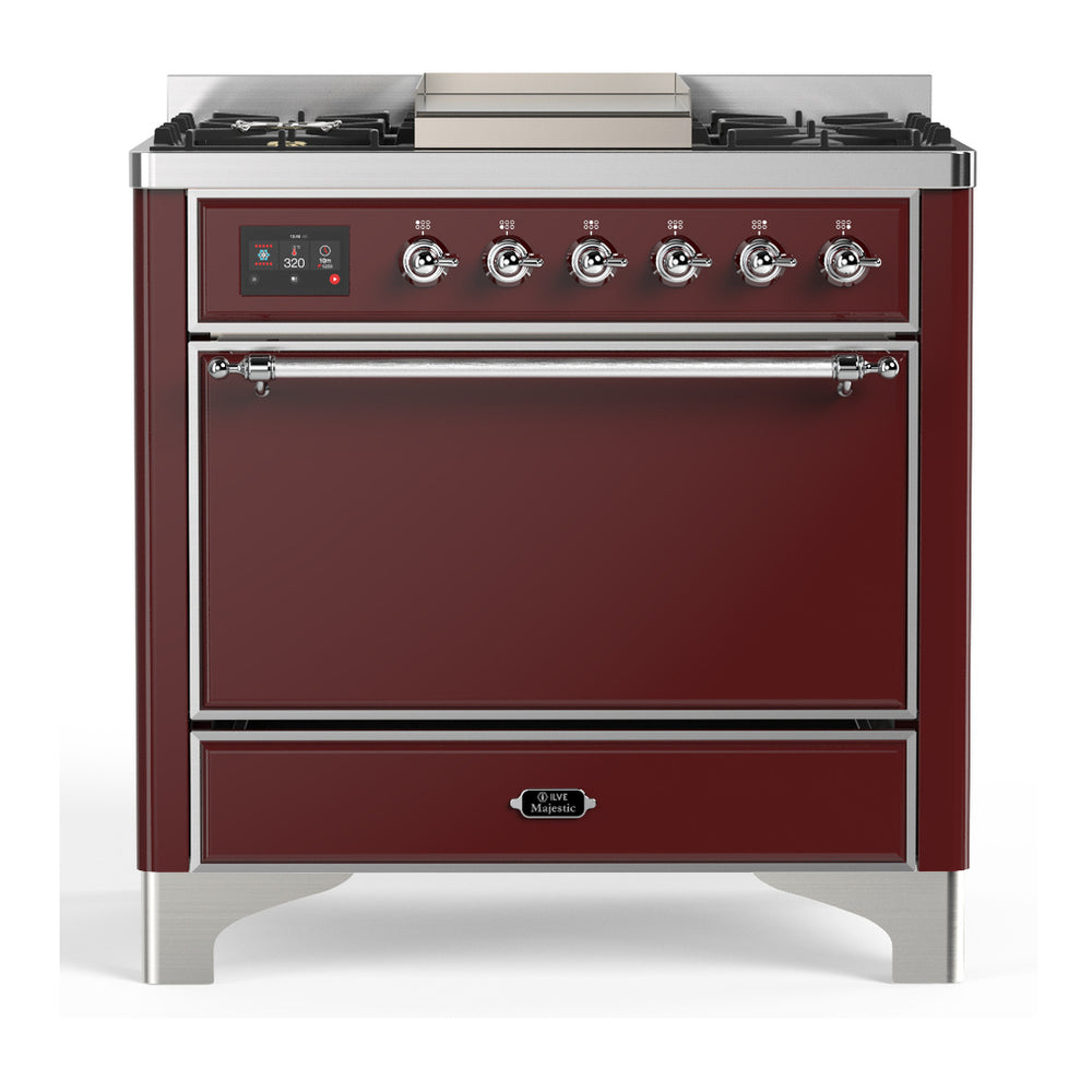 ILVE Majestic III 36" Burgundy Dual Fuel Range with 6 Burners and Griddle Solid Door Liquid Propane