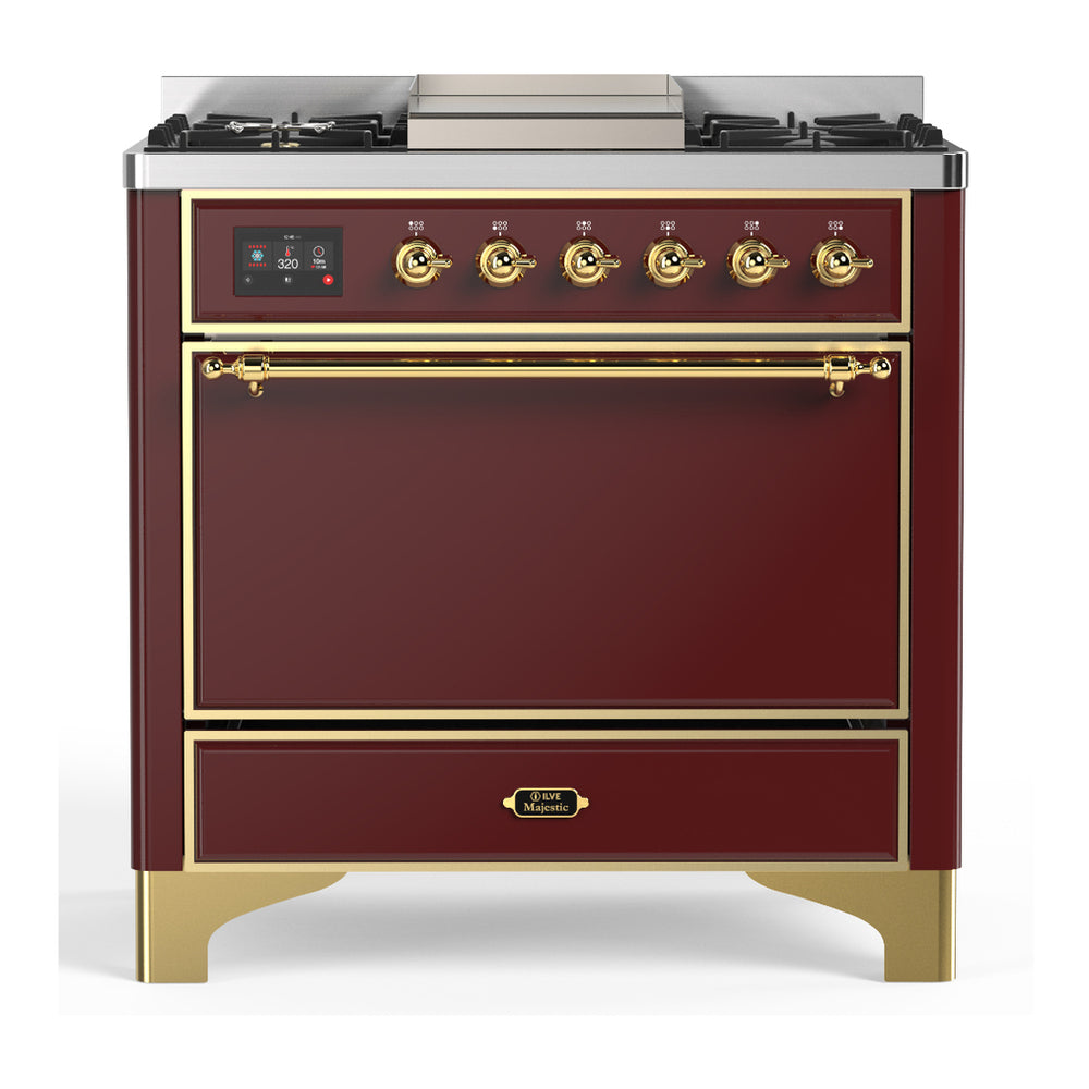 ILVE Majestic III 36" Burgundy Dual Fuel Range with 6 Burners and Griddle Solid Door Natural Gas