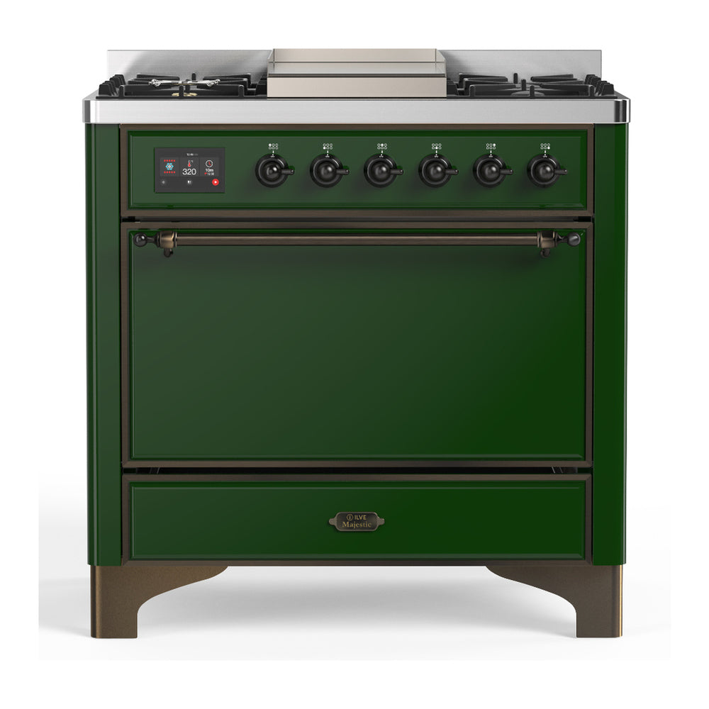 ILVE Majestic III 36" Emerald Green Dual Fuel Range with 6 Burners and Griddle Solid Door Liquid Propane