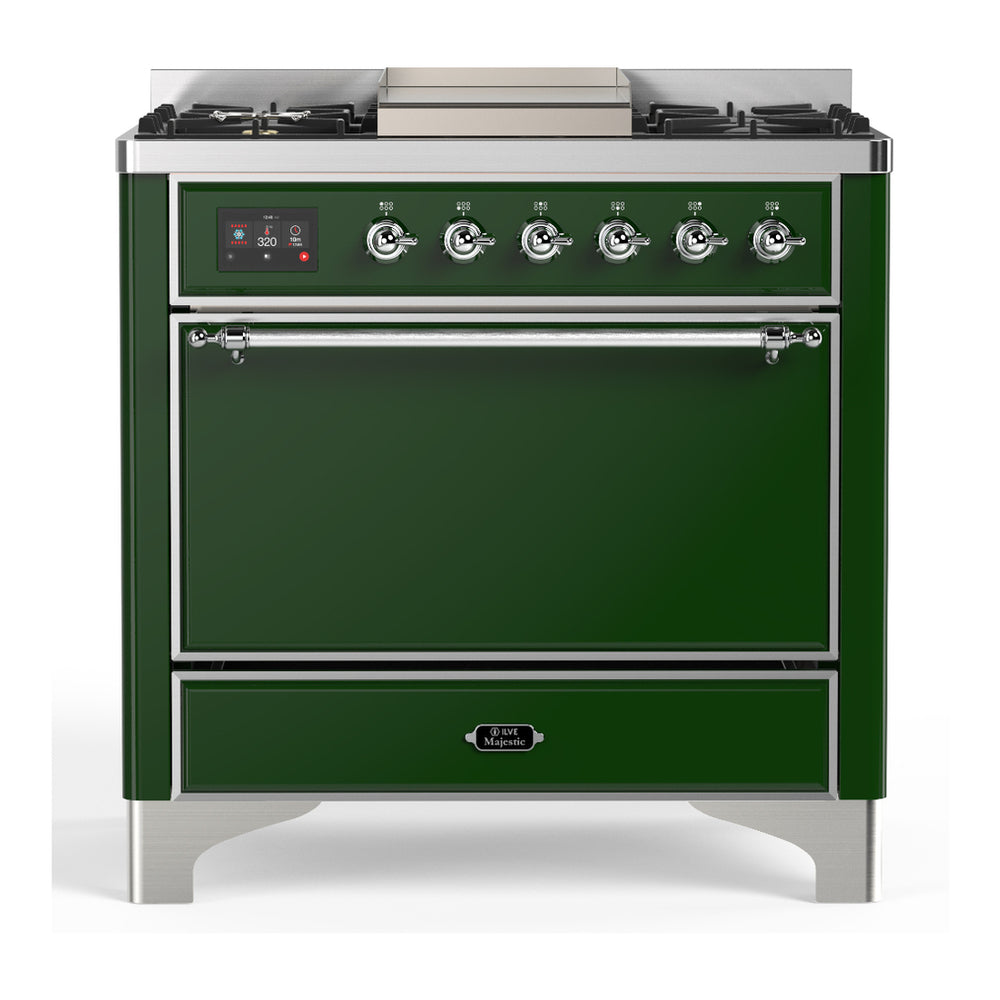 ILVE Majestic III 36" Emerald Green Dual Fuel Range with 6 Burners and Griddle Solid Door Natural Gas