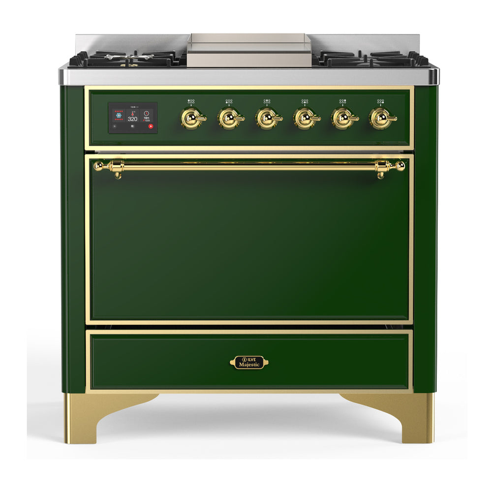 ILVE Majestic III 36" Emerald Green Dual Fuel Range with 6 Burners and Griddle Solid Door Natural Gas