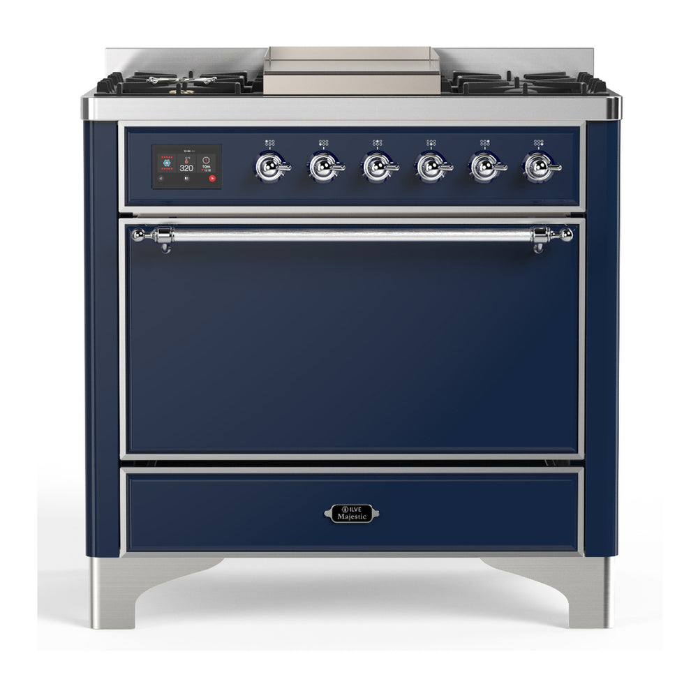 ILVE Majestic III 36" Midnight Blue Dual Fuel Range with 6 Burners and Griddle Solid Door Natural Gas