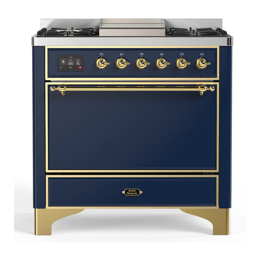 ILVE Majestic III 36" Midnight Blue Dual Fuel Range with 6 Burners and Griddle Solid Door Liquid Propane