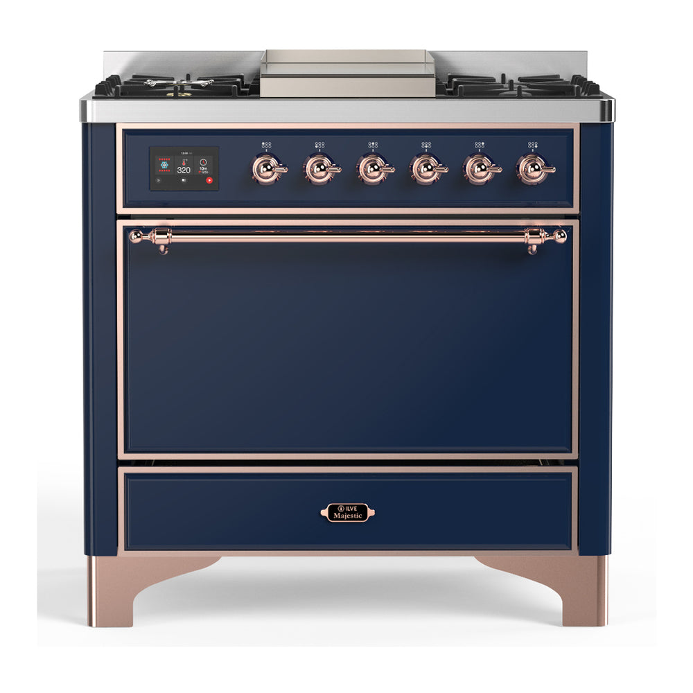 ILVE Majestic III 36" Midnight Blue Dual Fuel Range with 6 Burners and Griddle Solid Door Natural Gas
