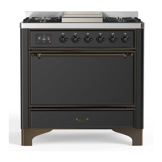 ILVE Majestic III 36" Graphite Matte Dual Fuel Range with 6 Burners and Griddle Solid Door Natural Gas