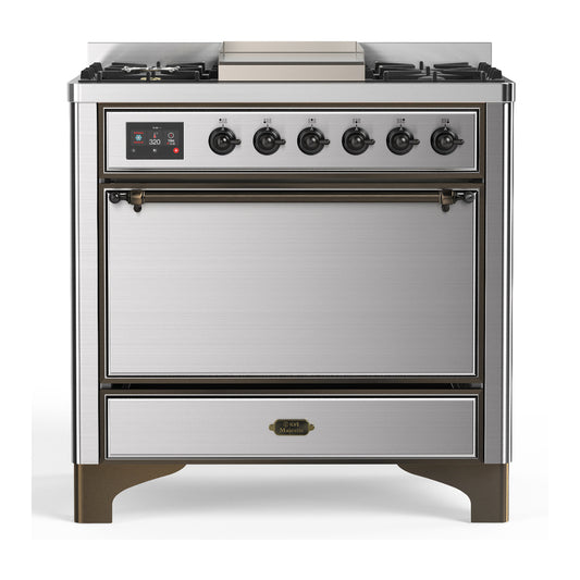 ILVE Majestic III 36" Stainless Steel Dual Fuel Range with 6 Burners and Griddle Solid Door Natural Gas