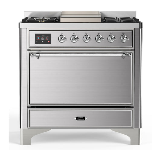 ILVE Majestic III 36" Stainless Steel Dual Fuel Range with 6 Burners and Griddle Solid Door Liquid Propane