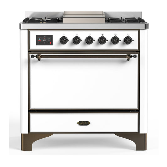 ILVE Majestic III 36" White Dual Fuel Range with 6 Burners and Griddle Solid Door Liquid Propane