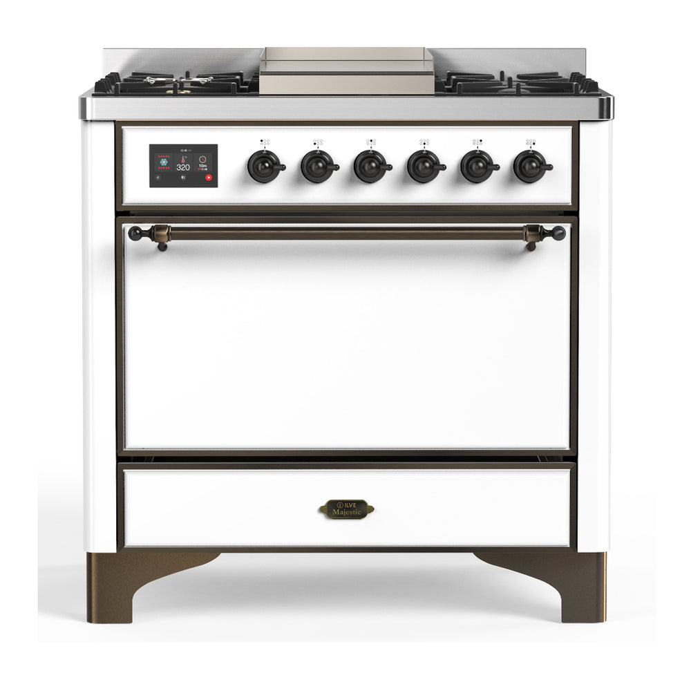 ILVE Majestic III 36" White Dual Fuel Range with 6 Burners and Griddle Solid Door Natural Gas