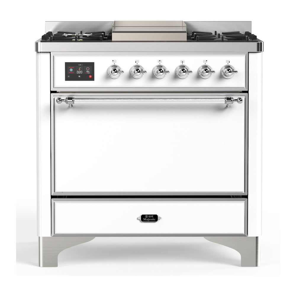 ILVE Majestic III 36" White Dual Fuel Range with 6 Burners and Griddle Solid Door Liquid Propane