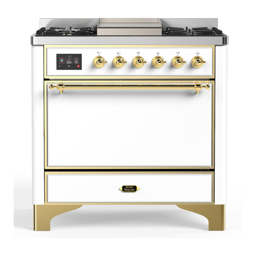 ILVE Majestic III 36" White Dual Fuel Range with 6 Burners and Griddle Solid Door Liquid Propane