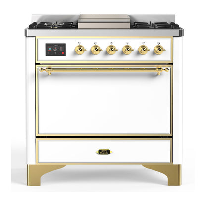 ILVE Majestic III 36" White Dual Fuel Range with 6 Burners and Griddle Solid Door Liquid Propane