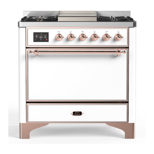 ILVE Majestic III 36" White Dual Fuel Range with 6 Burners and Griddle Solid Door Liquid Propane